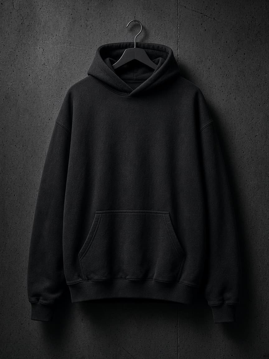 A black hoodie on a steel hanger against a dark concrete wall.