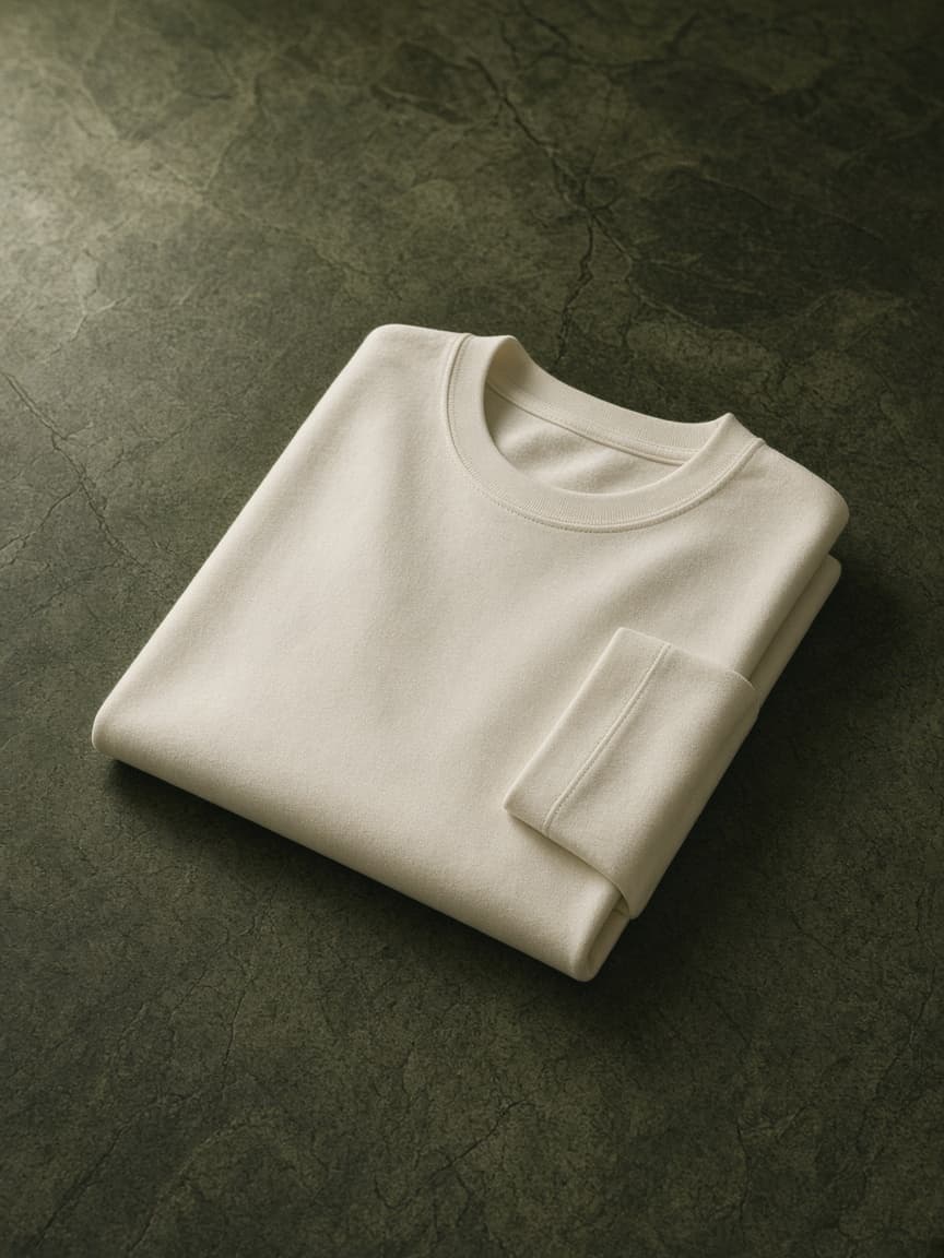 A folded ivory long-sleeve shirt on a dark olive stone surface.