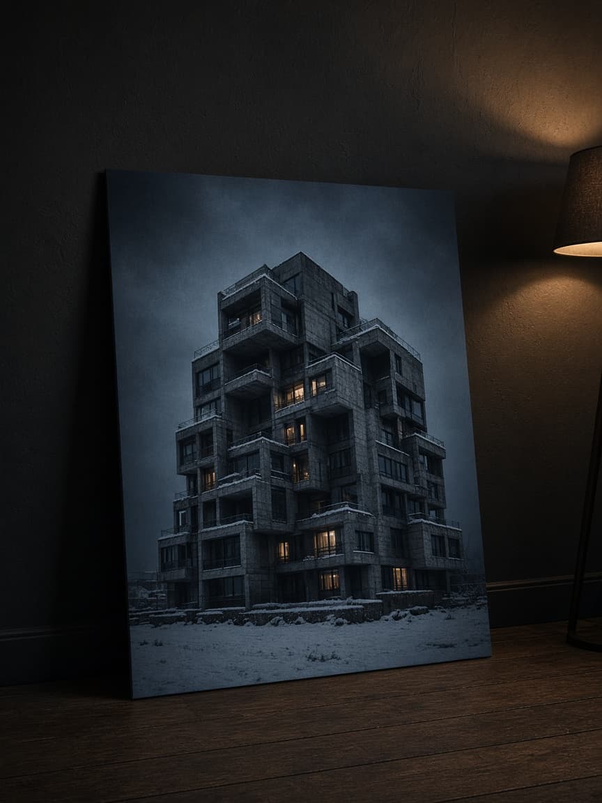 A large photographic print of a snowy apartment block at night, leaning against a wall beside a lamp.