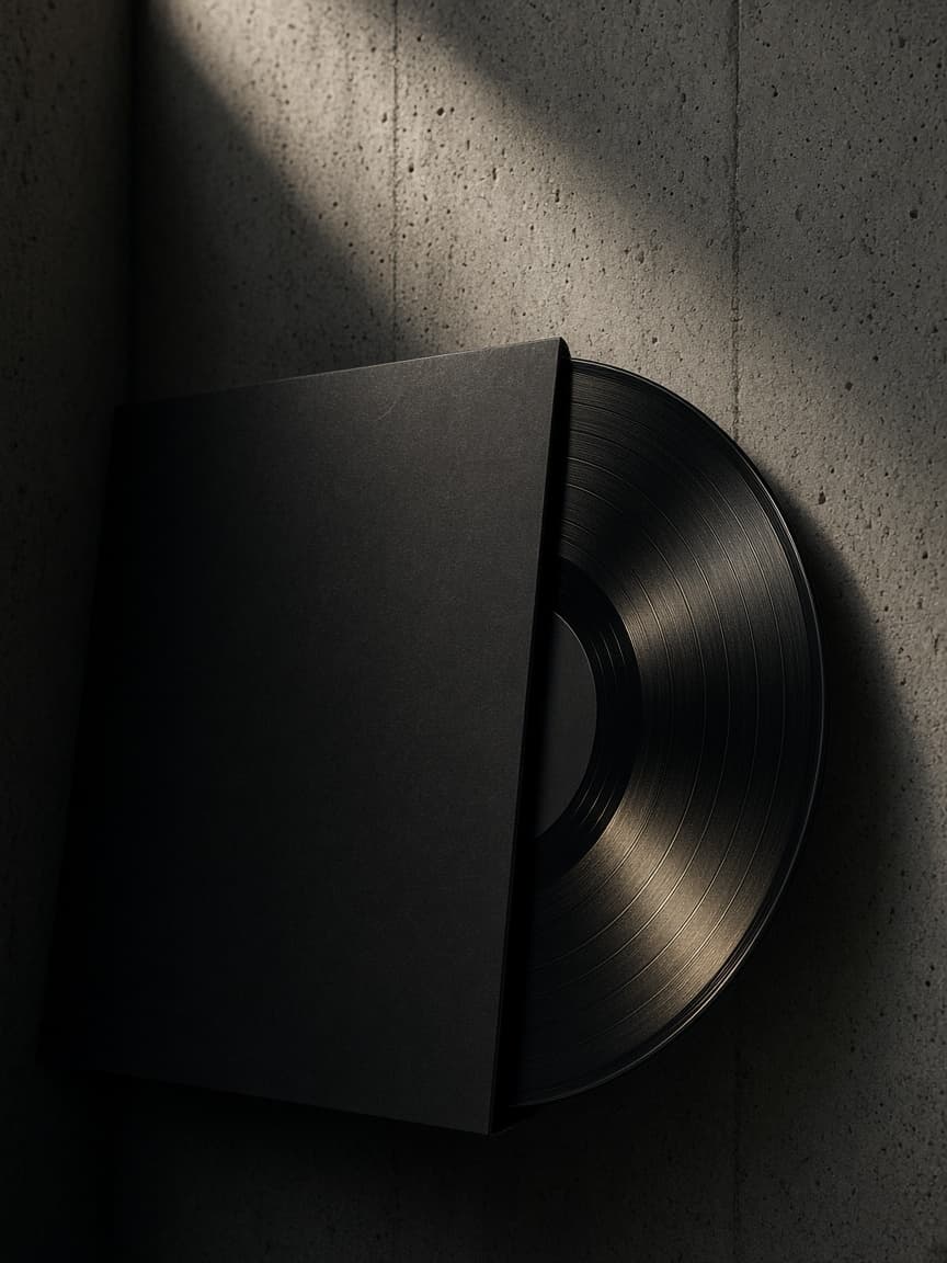A black vinyl record sliding out of a matte black sleeve against a concrete wall.